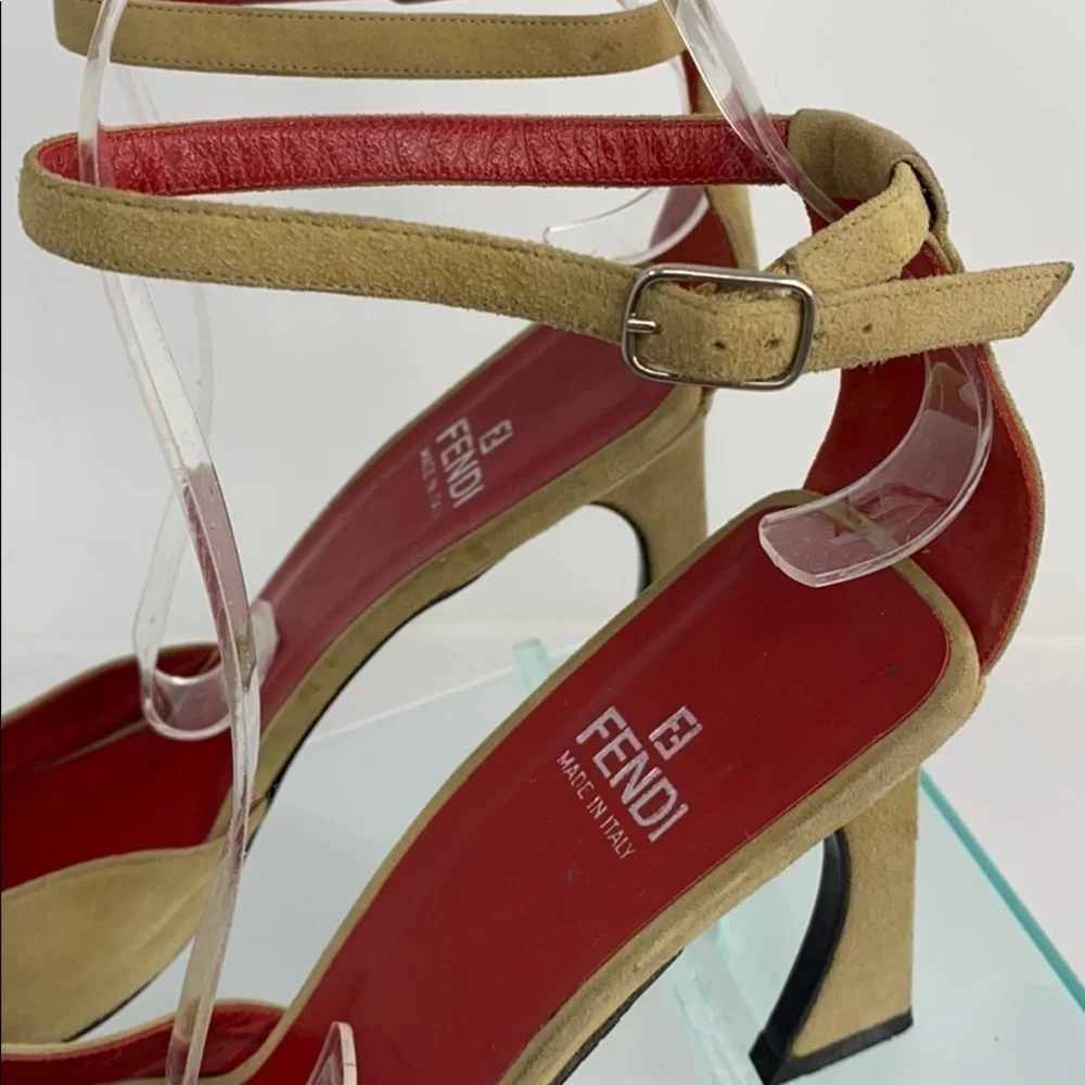 Fendi Sz 9.5M Beige Suede Beaded Ankle Strap Heels